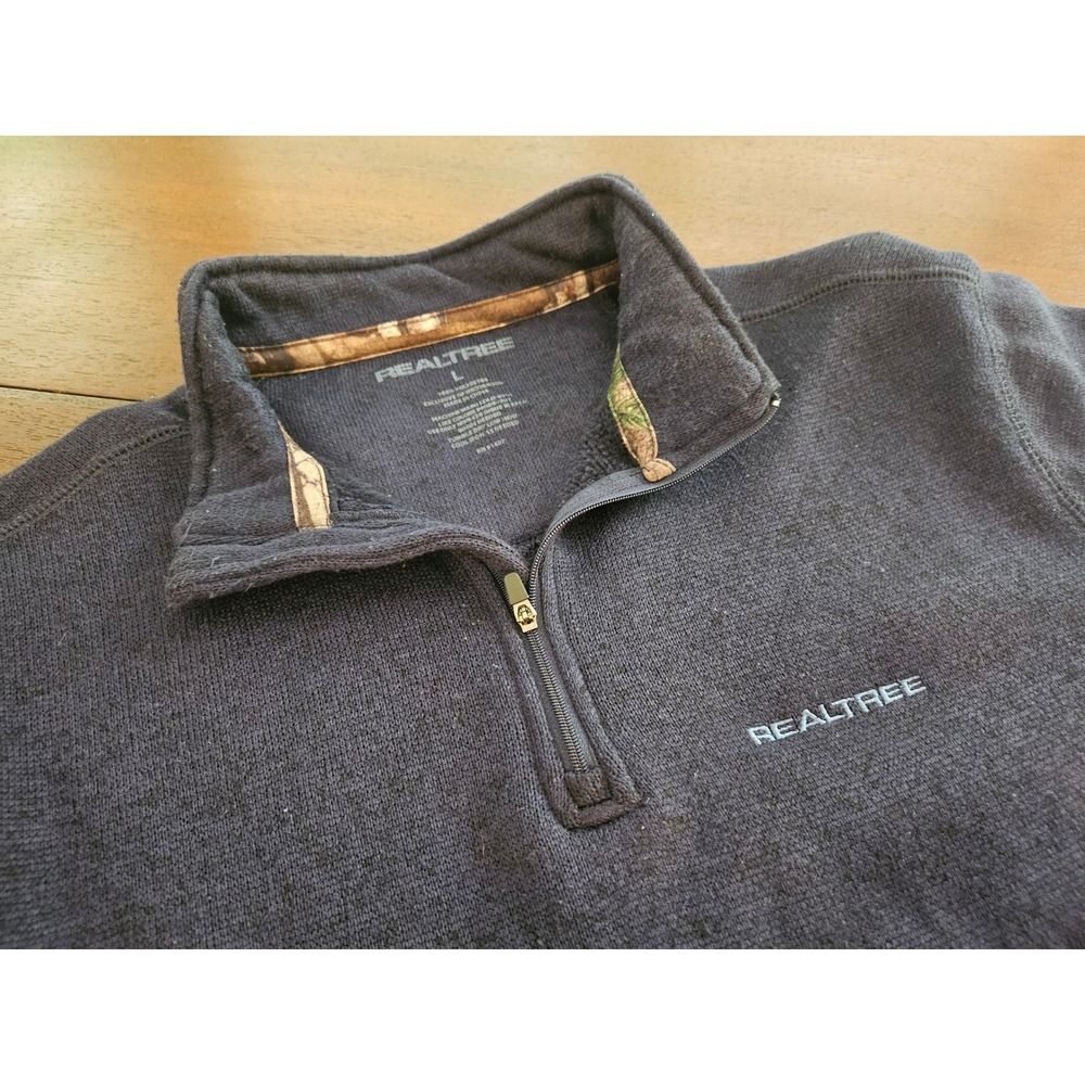 Realtree Quarter Zip Pullover Men Large Navy Blue Camo Trim Fleece Sweater